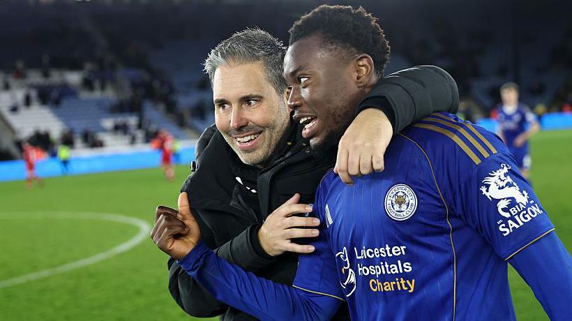 Marti Cifuentes celebrates Leicester's huge win over Ipswich with goalscorer Abdul Fatawu