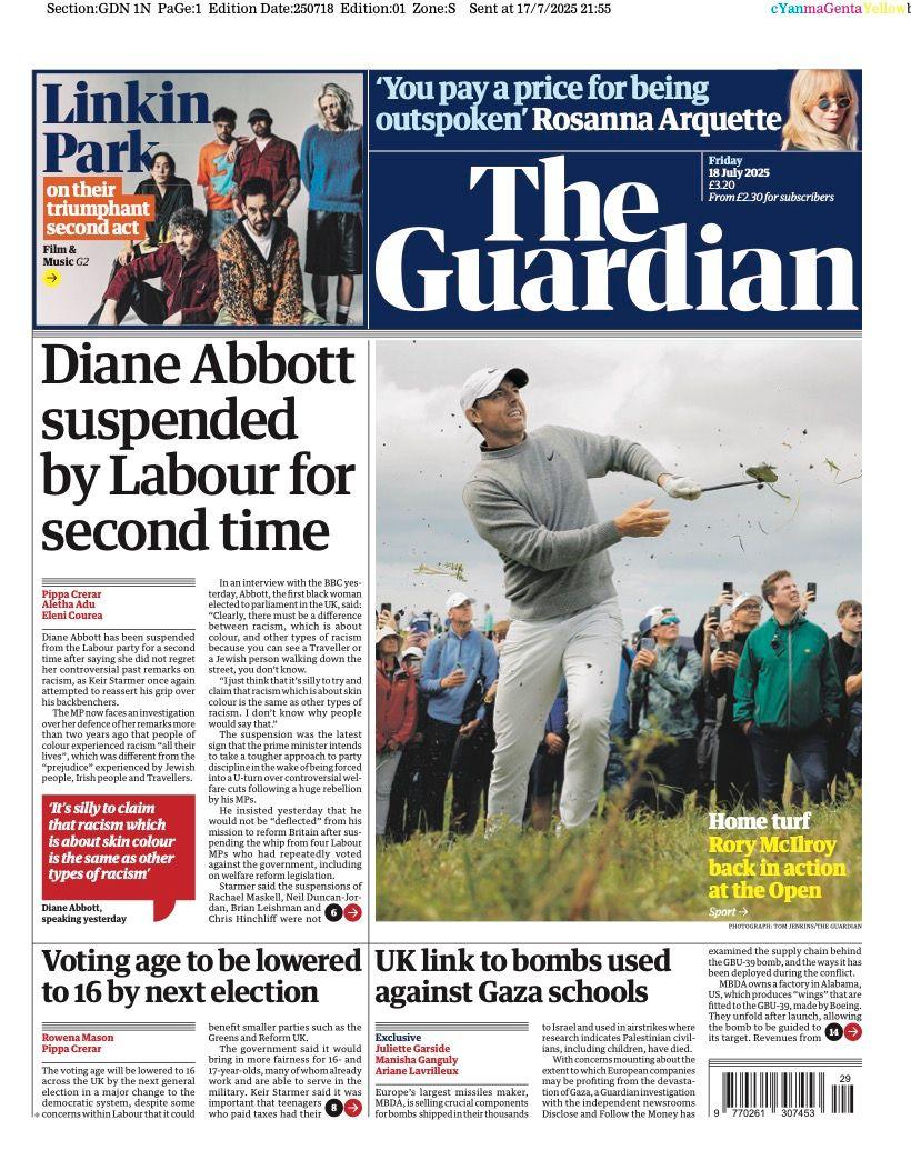 The headline on the front page of the Guardian reads: “Diane Abbott suspended by Labour for second time”
