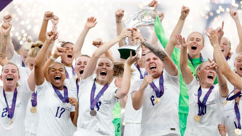 England lift the European Championship trophy after beating Germany 2-1 at Wembley Stadium in the final