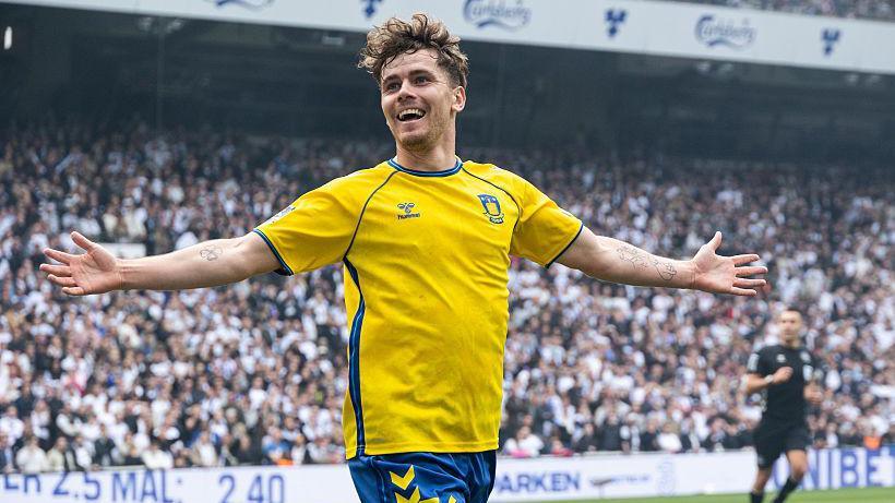 Mathias Kvistgaarden celebrates scoring against Copenhagen last season