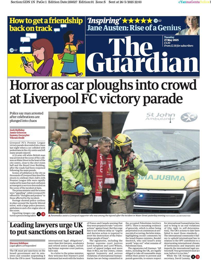 The headline on the front page of the Guardian reads: "Horror as car ploughs into crowd at Liverpool FC victory parade".