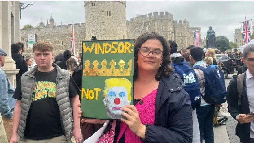 Amy Tisi protesting about Donald Trump's visit in Windsor