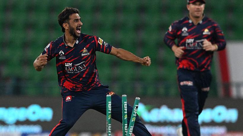 Hasan Ali celebrates taking the wicket of Quetta Gladiators' Tom Curran for Karachi Kings during their Pakistan Super League clash in March.
