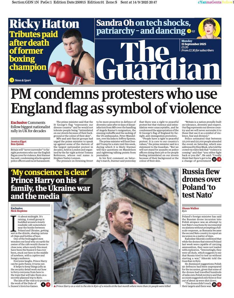 The Guardian's lead headline is "PM condemns protesters who use England flag as symbol of violence".