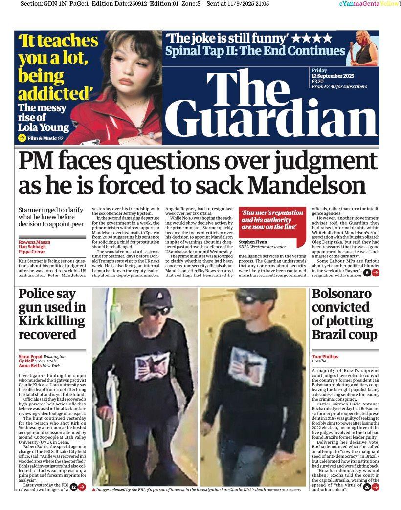 The headline on the front page of the Guardian reads: “PM faces questions over judgement as his is forced to sack Mandelson”.