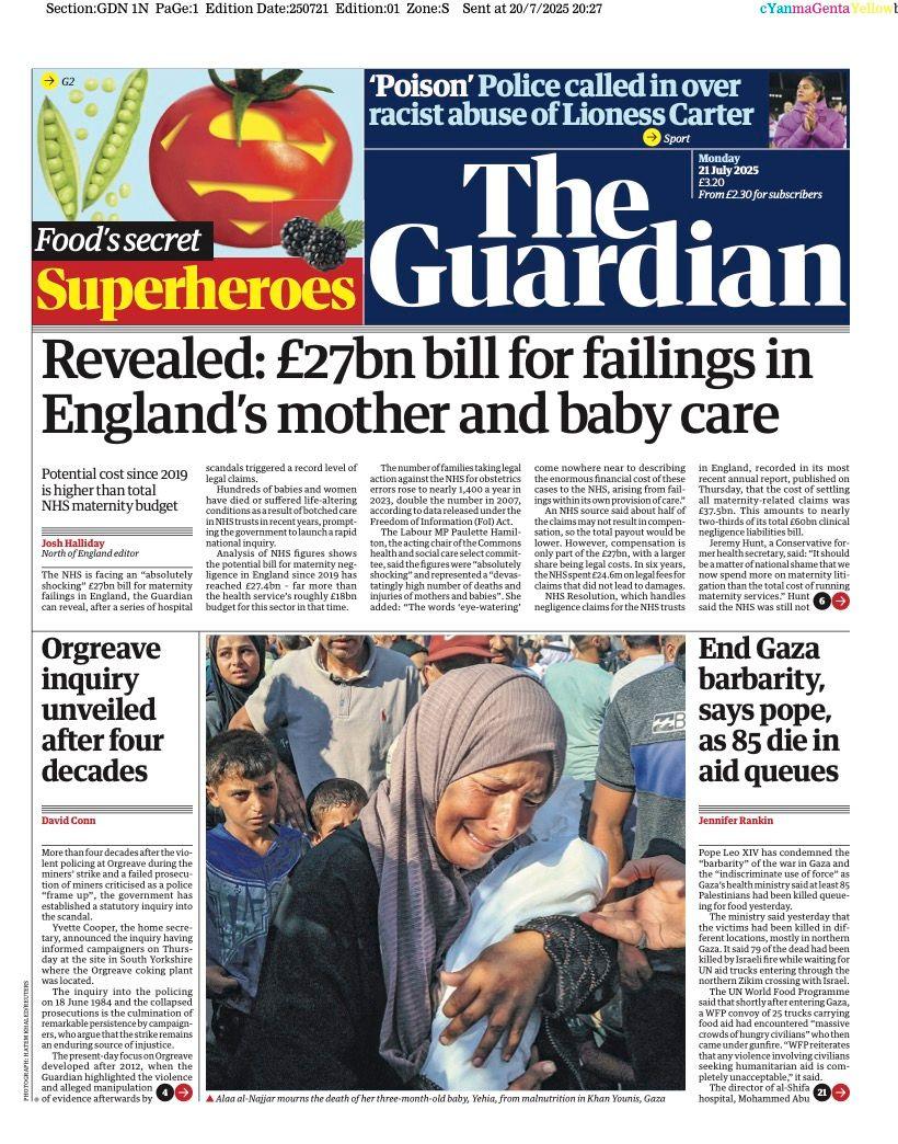 The headline on the front page of the Guardian reads: “Revealed: £27bn bill for failings in England's mother and baby care”