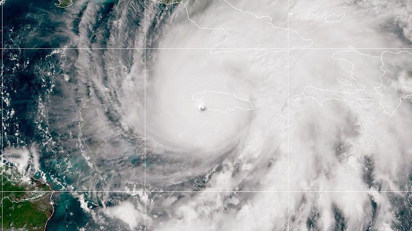 satellite image of Hurricane Melissa just before the eye of the storm made landfall.