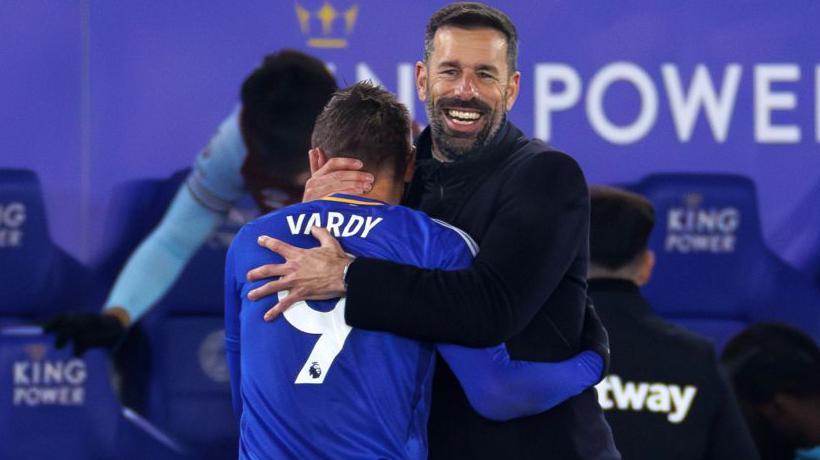 Jamie Vardy and Ruud van Nistelrooy embrace after Leicester's win over West Ham