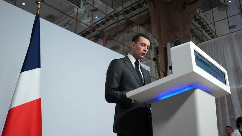 Jordan Bardella, president of National Rally, speaks at a news conference in Paris, France, on Monday, June 24, 2024