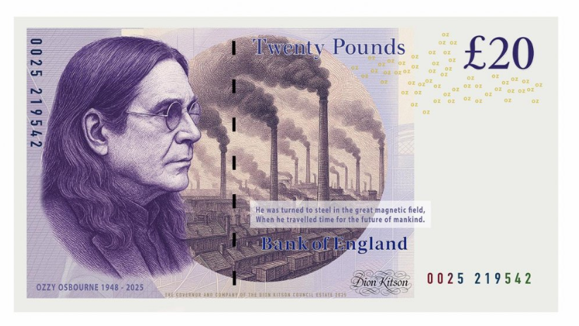 A re-created £20 note, featuring Ozzy in profile, with his trademark long hair and purple sunglasses. He is face an illustration of a sea of industrial chimneys with dark smoke rising from them.