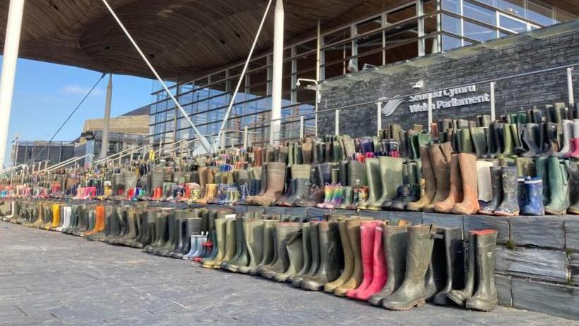 Wellies o flaen Senedd Cymru yn 2024