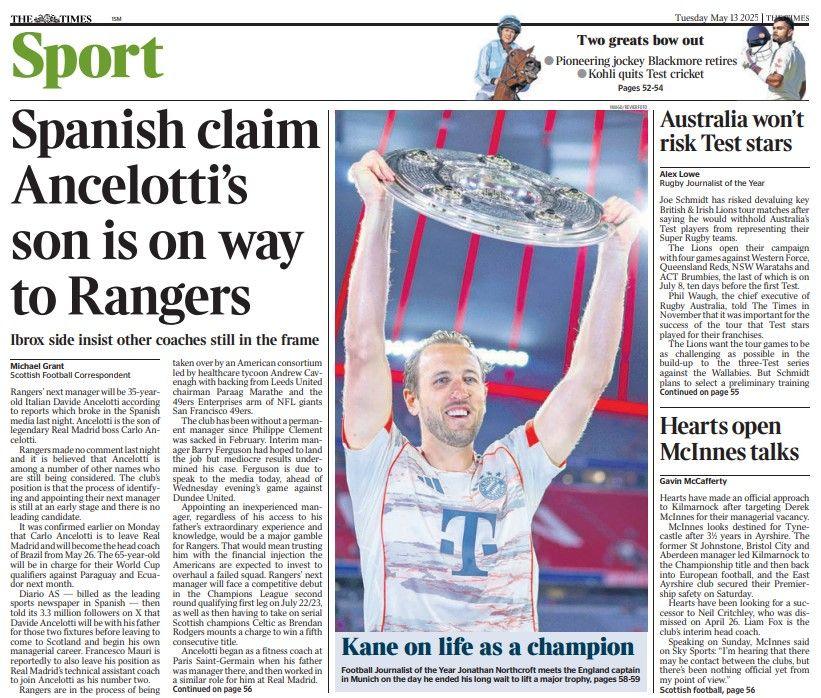 The back page of the Scottish edition of The Times on 130525