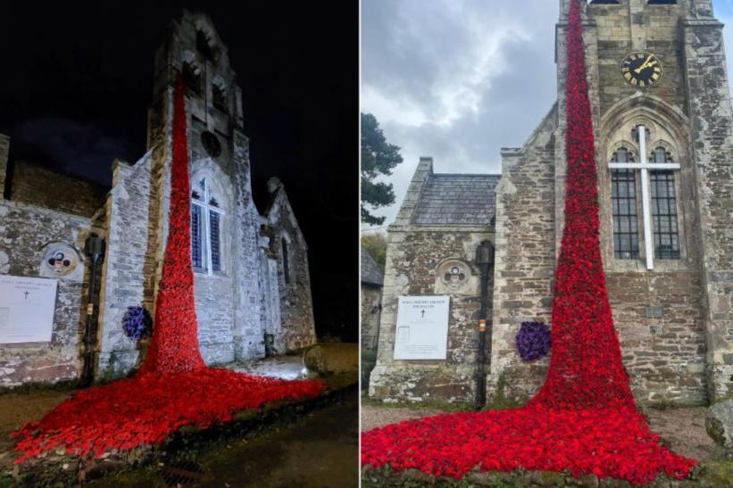 A composite image showing the Holy Trinity Church in Tresillian. On the left is a night time view of the poppy display, which is seen draping from the bell tower. On the right is a day view showing the poppies in vivid red on a cloudy day.