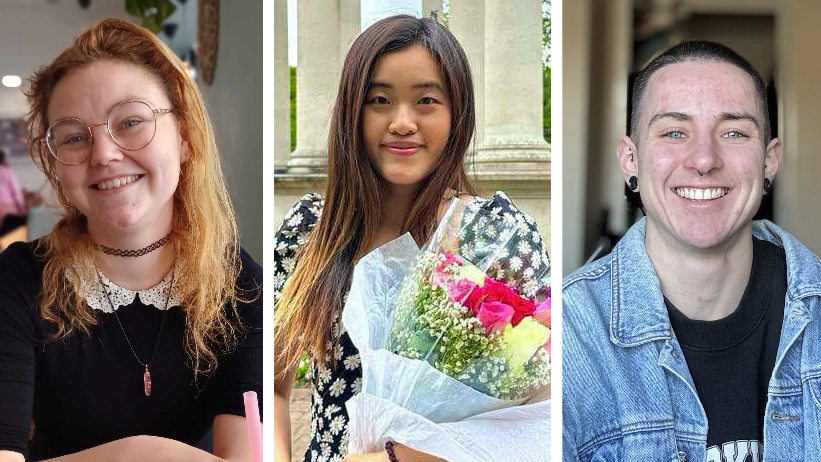 Composite pictures each showing one person - two women and a man - smiling. The woman in the centre is holding a bunch of flowers