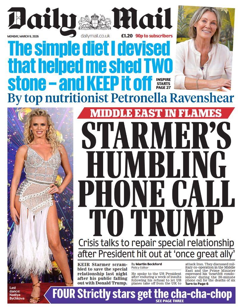 “Telefonata përulëse e Starmer me Trumpin”, shkruhet në titullin kryesor të faqes së parë të Daily Mail.