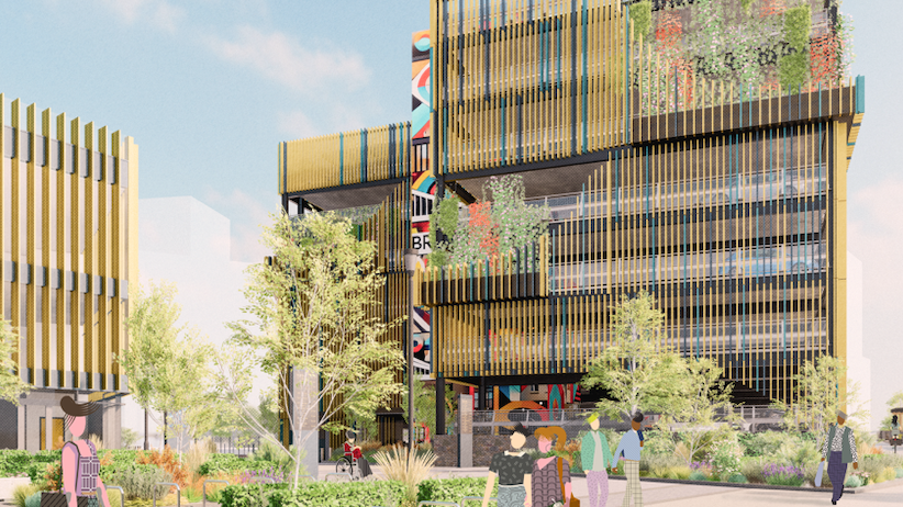 An artist impression of the multi-storey car park / Southern Gateway Entrance. It is cladded in blue, yellow and grey long rectangles. There are plants, including trees, on the buildings roof and on the ground floor.