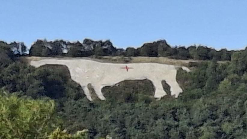 The Kilburn White Horse from a distance, surrounded by trees. A red cross is visible on the landmark.
