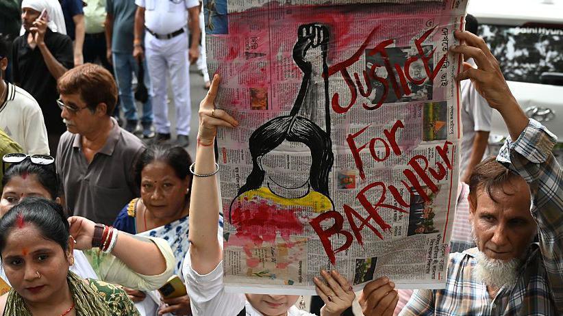 KOLKATA, INDIA - JULY 8: Trinamool Chhatra Parishad (TMCP), Trinamool Youth Congress supporters took out a protest rally against recent rape and murder of a 11 year old girl in Baruipur from Ballygung to Hazra on July 8, 2026 in Kolkata, India. (Photo by Samir Jana/Hindustan Times via Getty Images)