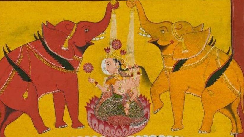 Gouache painting on paper depicting Gaja-Lakṣmī (Gajalakshmi); an image of the goddess Lakṣmī, who reigns over fertility and good fortune, seated on a lotus with an elephant (gajah in Sanskrit) on either side. They have small wings, a detail which recalls the myth in which the elephants freely roamed throughout the sky.