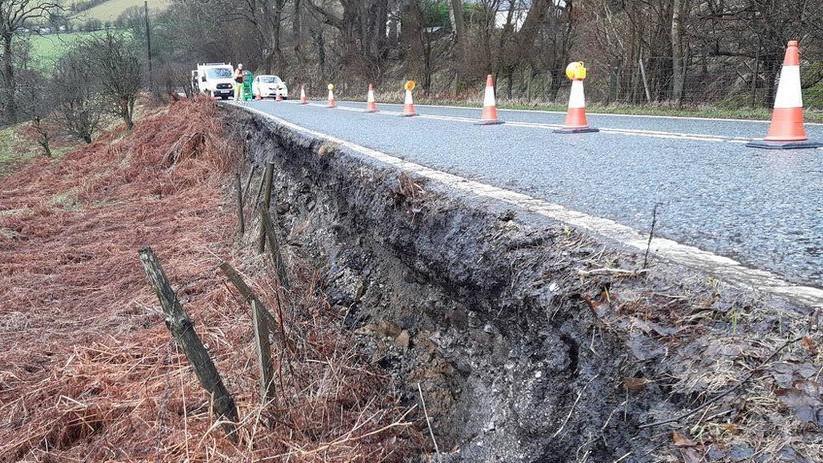 The verge of the road after the landslip