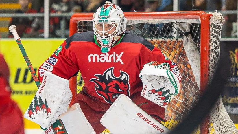 Cardiff Devils' Ben Bowns guards his net