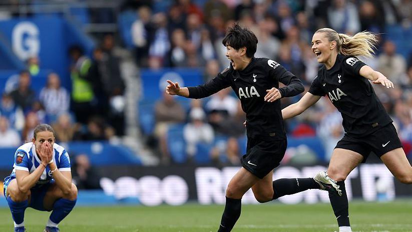 Toko Koga runs away to celebrate Tottenham's stoppage-time winner at Brighton
