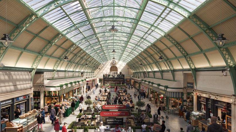 How Grainger Market would look from the top of the Nun Street pavilion looking down the arcade towards the Nelson Street pavilion. A range of stall selling plant, fruit and veg are visible, as well as cafes and bakeries.
