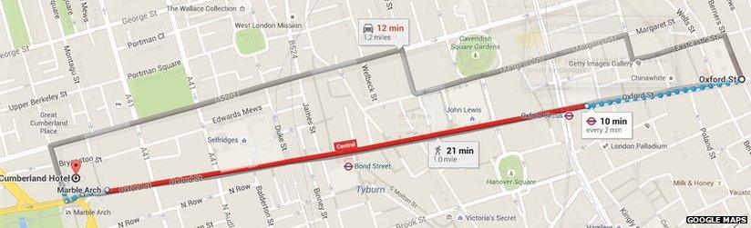 Google Maps from Oxford Circus to Marble Arch