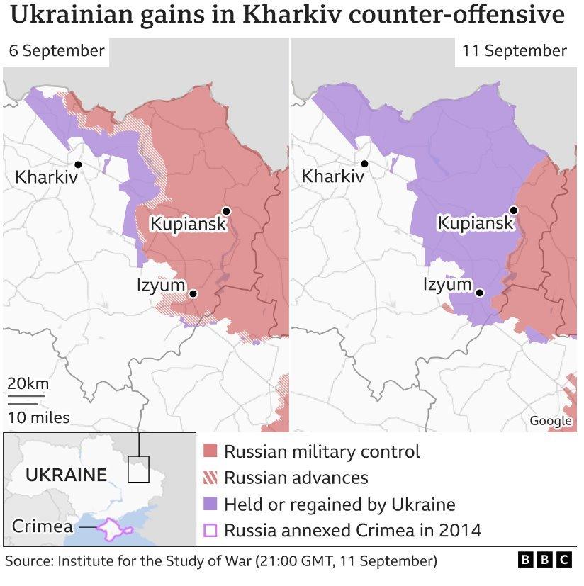 A map showing Ukrainian advances in the east