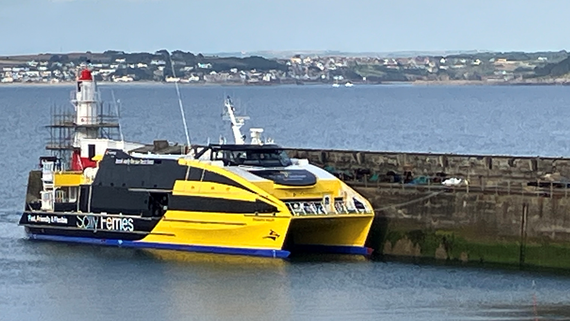 The catamaran Atlantic Wolff moored in Newlyn Harbour. It has a black and yellow colour scheme