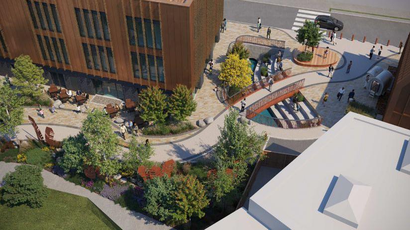 Computer-generated image showing a path curving between modern town centre buildings, with trees and a bridge over water.