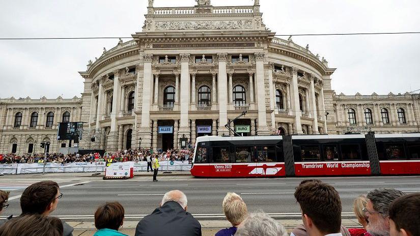 People watching the action at the World Tram Driver Championship outside the Burgtheater.