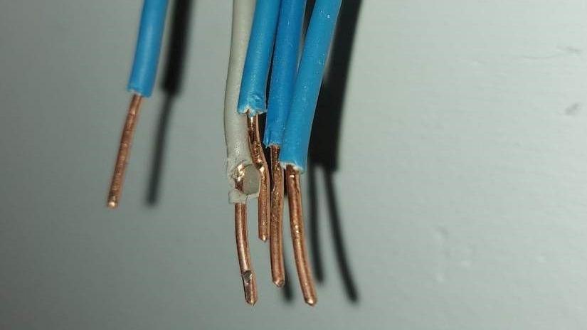 Bare live wires with blue casing hanging from a former light switch socket in the wall