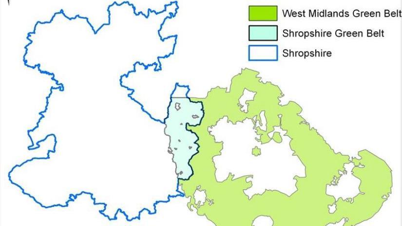 A map showing Shropshire's green belt in turquise, along with the rest of the county outlined in blue and the West Midlands Green Belt coloured green. 