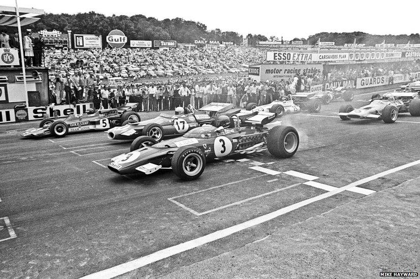 Jacky Ickx in a Ferrari 312B with Jack Brabham and Jochen Rindt at the start of the 1970 British Grand Prix at Brands Hatch