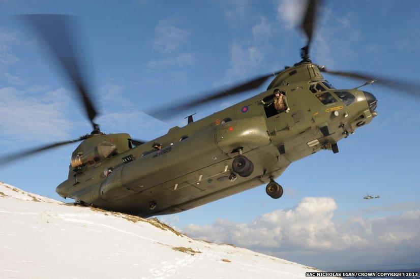 Chinook crew on snowy hillside in Co Antrim, Northern Ireland