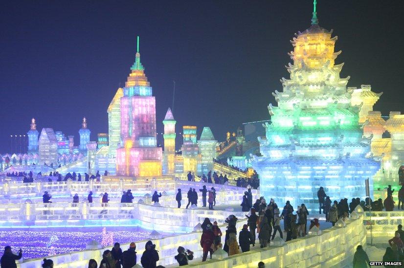 Ice sculptures resembling skyscrapers and a temple