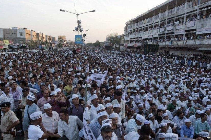 Aam Aadmi Party, or Common Man Party, supporters gather for an election rally addressed by AAP leader and anti-corruption activist Arvind Kejriwal in Ahmedabad.