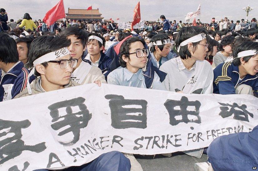 University students sit in Tiananmen Square in Beijing on a hunger strike for freedom and democracy