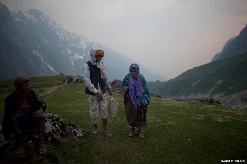 An old couple from Rajasthan on their way to Kedarnath shrine. Government is not allowing people to go ahead if they are medical unfit. People who are coming from far off, with faith and sometimes spending half of their earnings on the trip are disappointed with this arrangement.