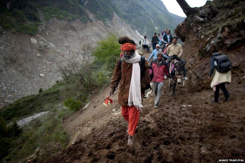 Until last year, to reach Kedarnath from the village of Gaurikund, pilgrims would trek for 14 kilometres along a footpath, but that was washed away in the floods. Now pilgrims have to trek more than 20 km.