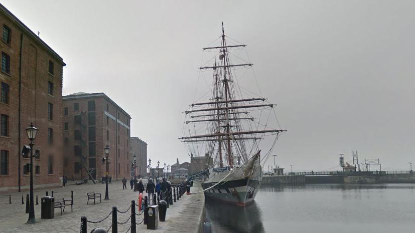 Historic tall ship outside International Slavery Museum and Merseyside Maritime Museum