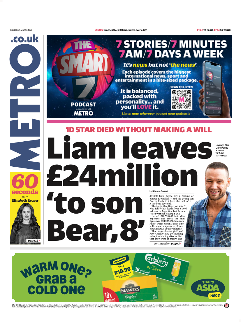 The Metro newspaper front page leads with a story about One Direction singer Liam Payne. Its headline reads "Liam leaves £24million 'to son Bear, 8'"