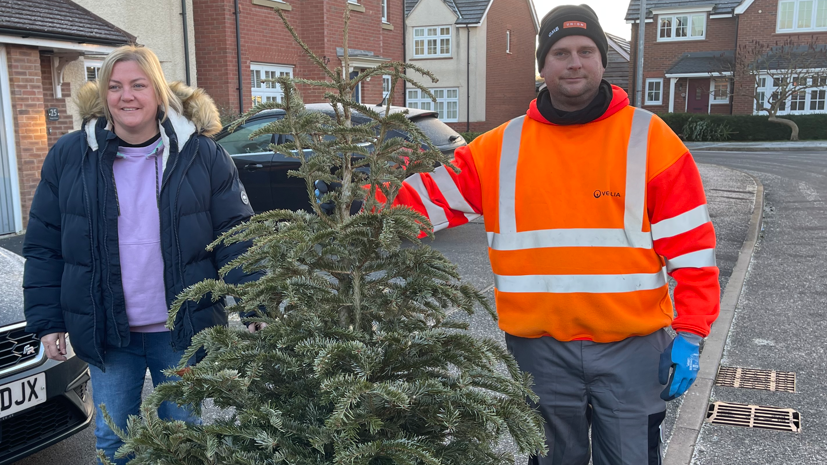 Beth Batham having her Christmas tree collected 