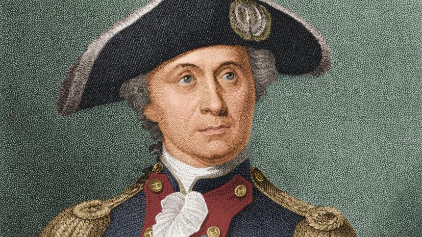 A portrait drawing of an American naval captain from the 18th century. He is wearing a black hat, has grey curly hair down each side of his head and is wearing a blue uniform with golden lapels. 