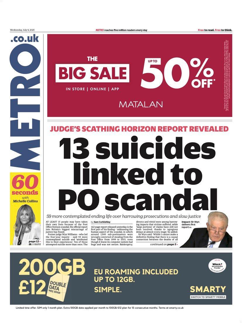 "13 suicides linked to PO scandal," is the headline on the front page of the Metro
