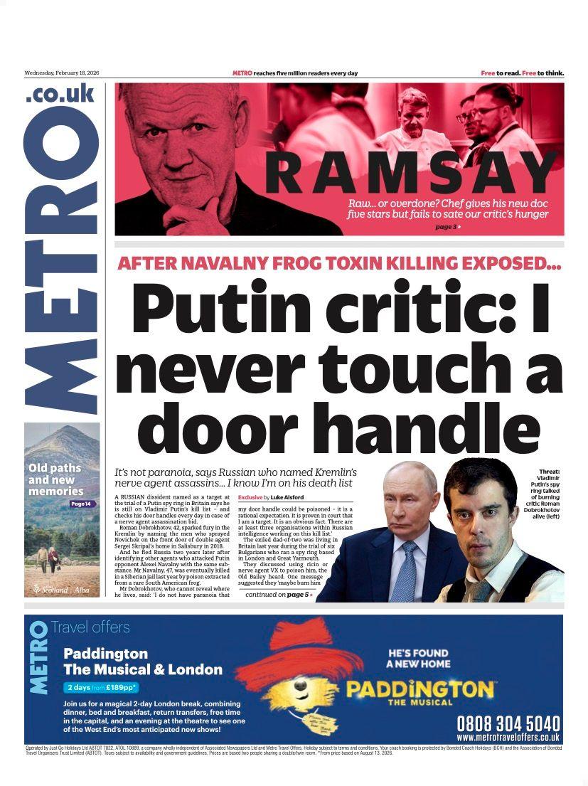 The front page of the Metro reads: "Putin critic: I never touch a door handle." 