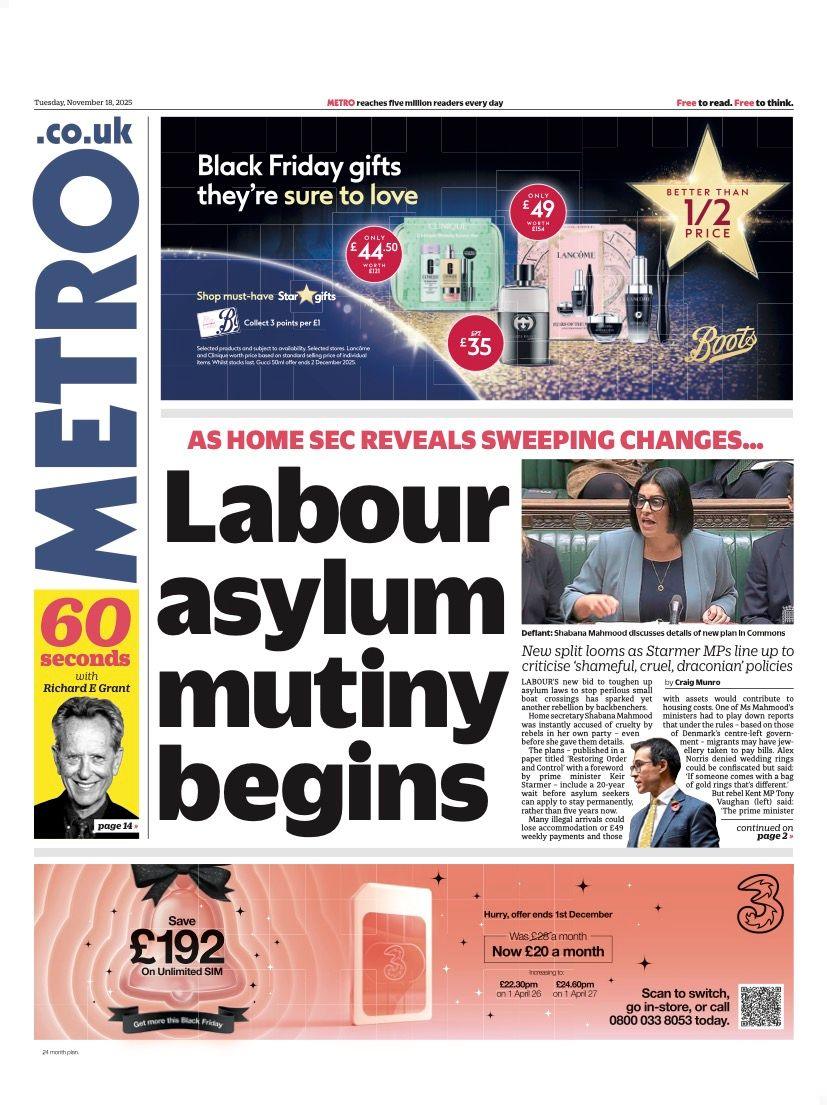 The headline on the front page of the Metro reads: “Labour asylum mutiny begins”.