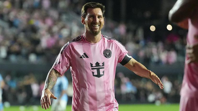 Lionel Messi celebrating a goal for Inter Miami.