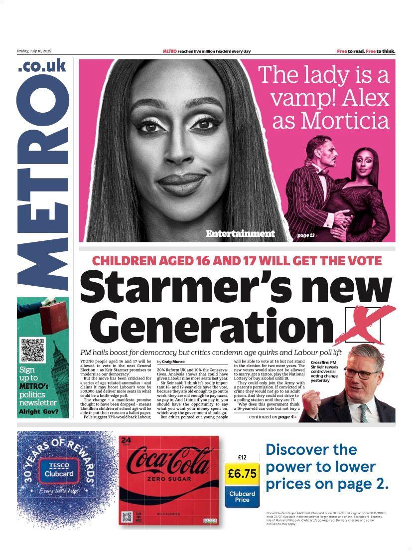The headline on the front page of the Metro reads: “Starmer's new generation”